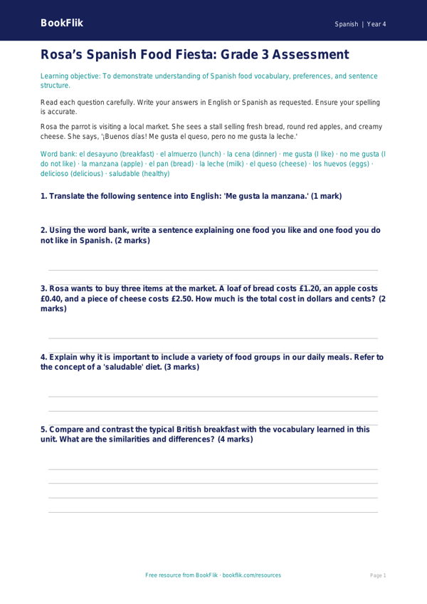 Food Assessment Grade 3 Spanish | Free Printable | BookFlik worksheet preview — Spanish Food