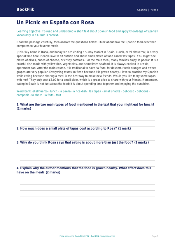 Food Comprehension Grade 3 Free | Spanish Lesson | BookFlik worksheet preview — Spanish Food
