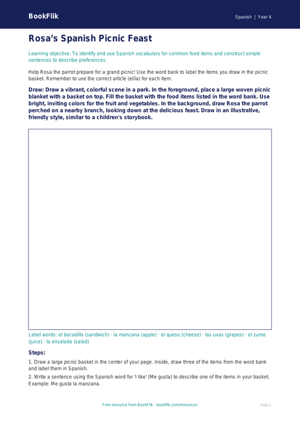Free Food Drawing Sheet | Grade 3 | Spanish | BookFlik worksheet preview — Spanish Food