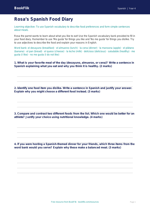 Spanish Food Template for Grade 3 | BookFlik Learning worksheet preview — Spanish Food