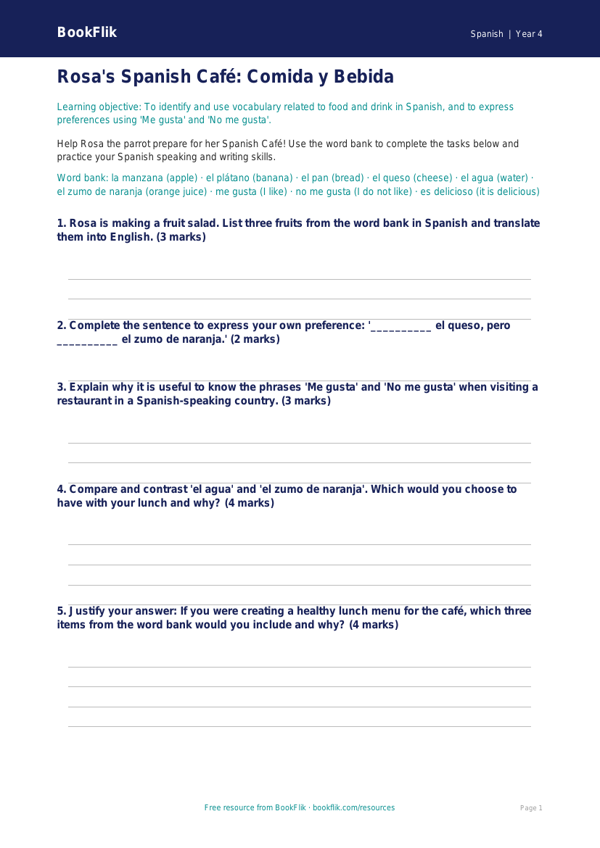 Free Food Worksheet | Grade 3 | Spanish | BookFlik worksheet preview — Spanish Food