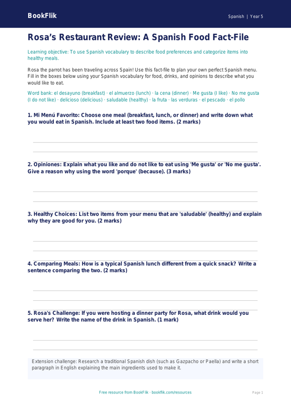 Spanish Food Vocabulary Worksheet | Grade 4 | BookFlik worksheet preview — Spanish Food