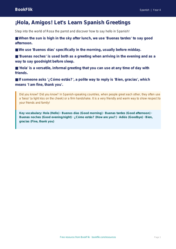 Free Spanish Greetings Poster | Grade 3 | BookFlik worksheet preview โ Spanish Greetings