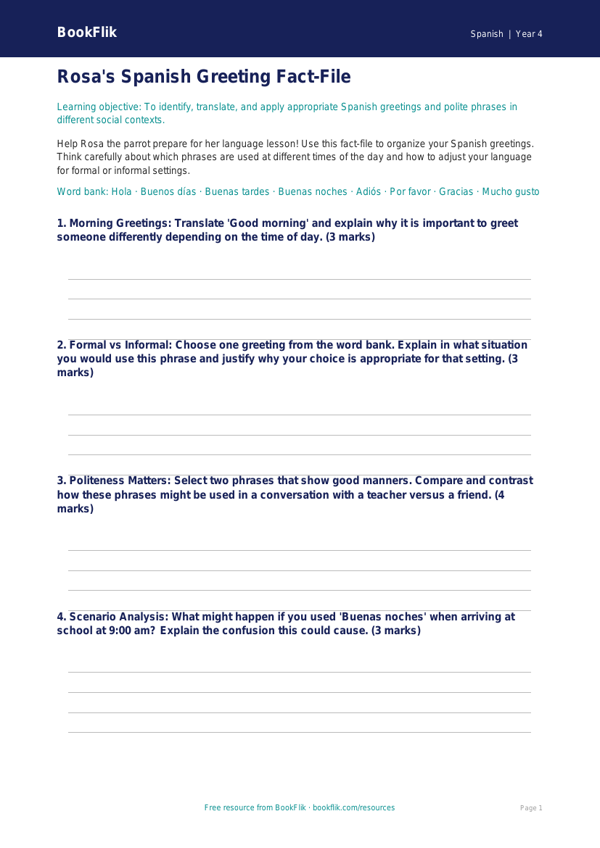 Free Spanish Greetings Template | Grade 3 | BookFlik worksheet preview — Spanish Greetings