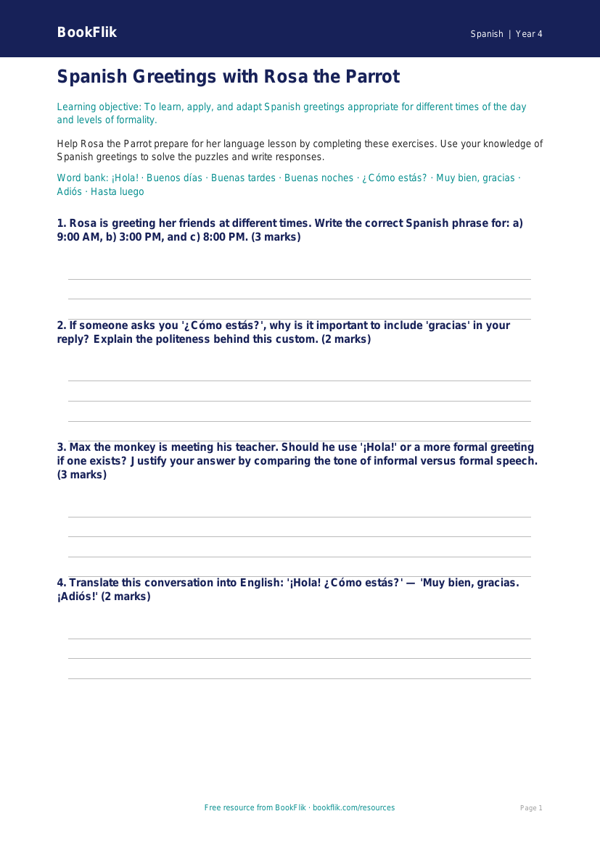 Free Spanish Greetings Worksheet | Grade 3 | BookFlik worksheet preview — Spanish Greetings