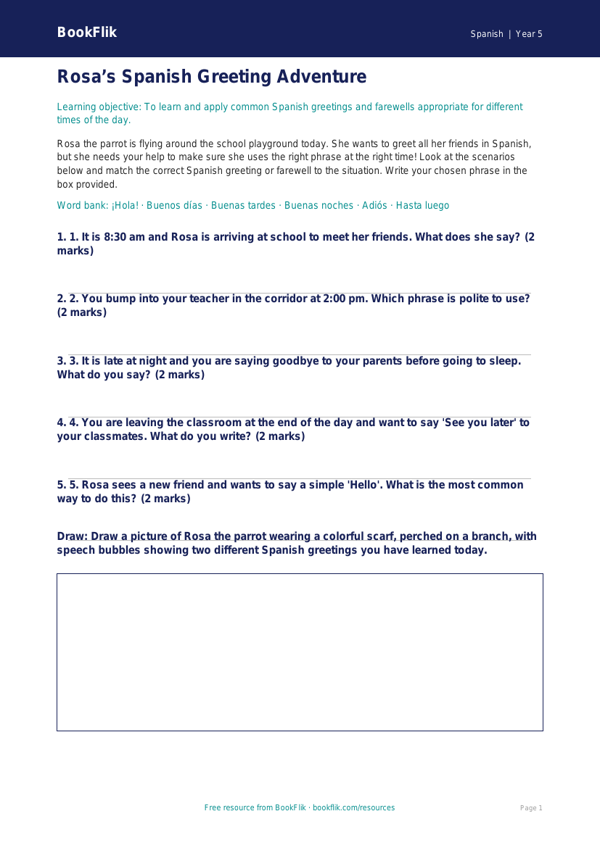 Free Greetings Activity Sheet | Grade 4 | Spanish | BookFlik worksheet preview — Spanish Greetings