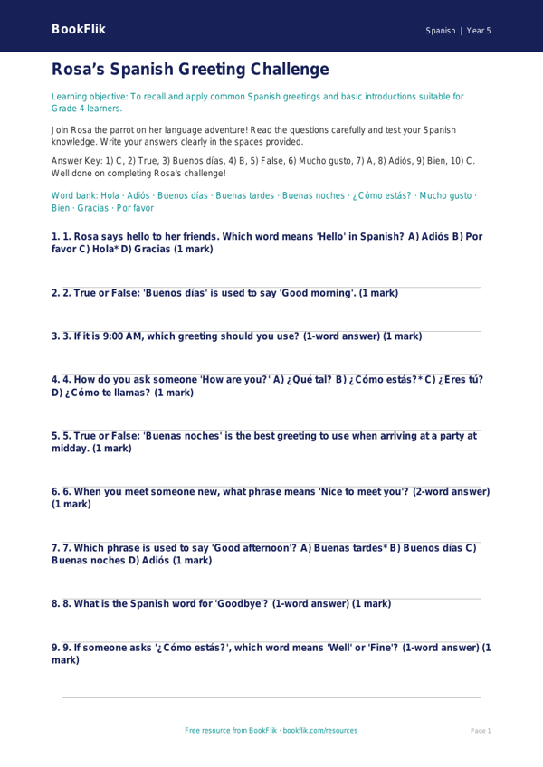 Free Spanish Greetings Quiz | Grade 4 | BookFlik worksheet preview — Spanish Greetings