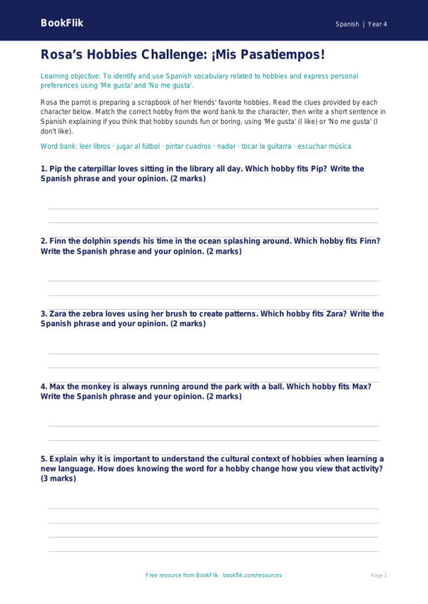 Free Hobbies Activity Sheet | Grade 3 | Spanish | BookFlik worksheet preview — Spanish Hobbies