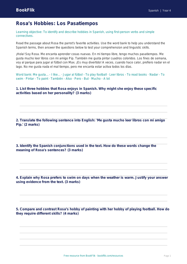 Free Hobbies Track Sheet | Grade 3 | Spanish | BookFlik worksheet preview — Spanish Hobbies
