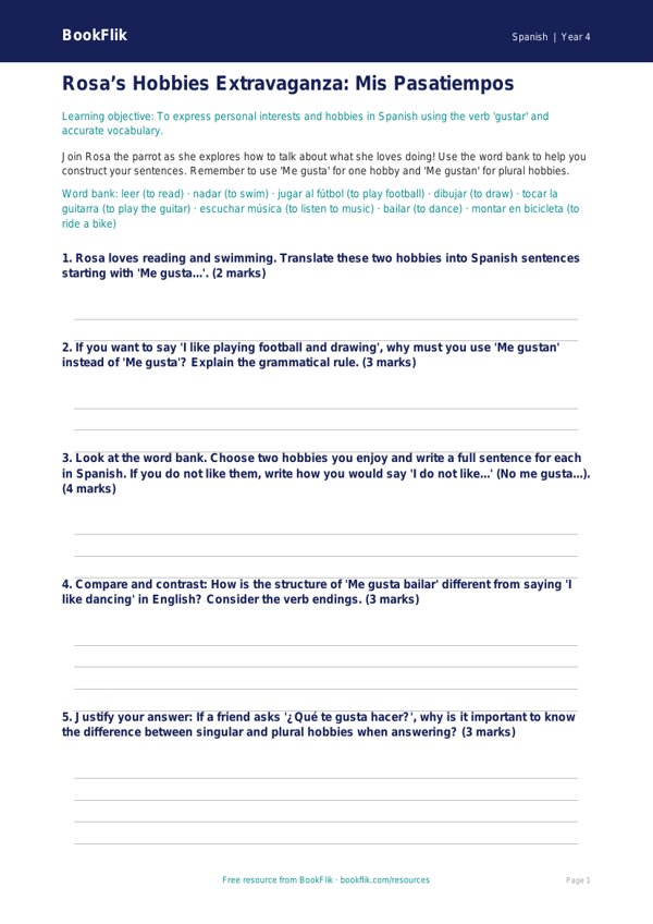 Free Hobbies Worksheet | Grade 3 | Spanish | BookFlik worksheet preview — Spanish Hobbies