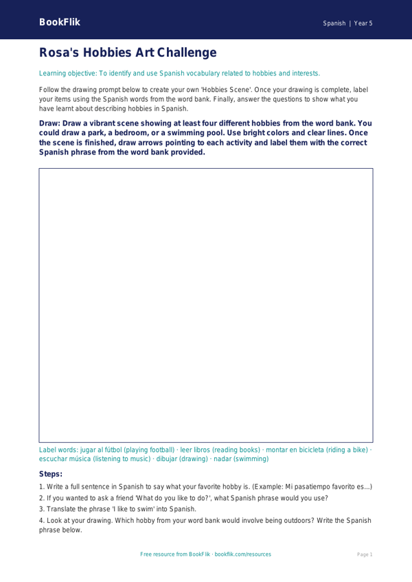 Free Hobbies Drawing Sheet | Grade 4 | Spanish | BookFlik worksheet preview — Spanish Hobbies