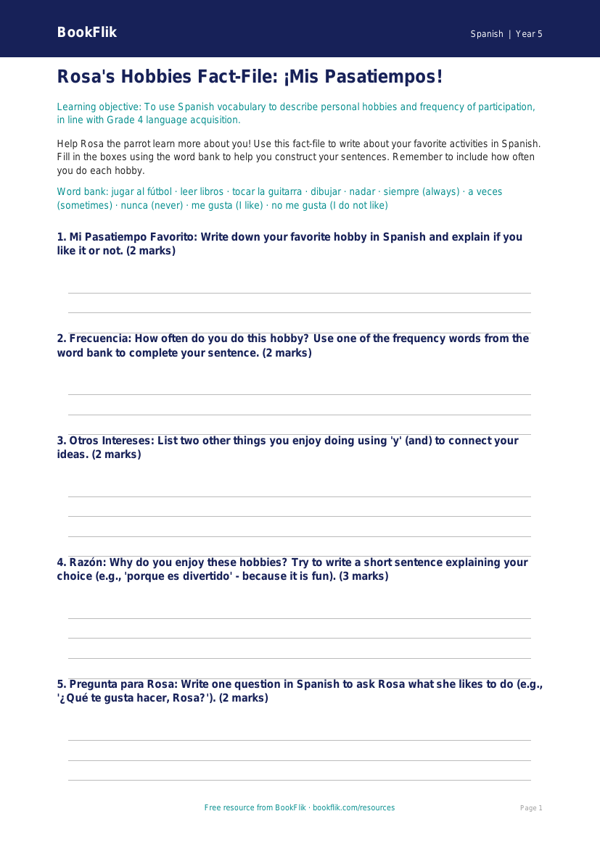 Free Spanish Hobbies Template | Grade 4 | BookFlik worksheet preview — Spanish Hobbies