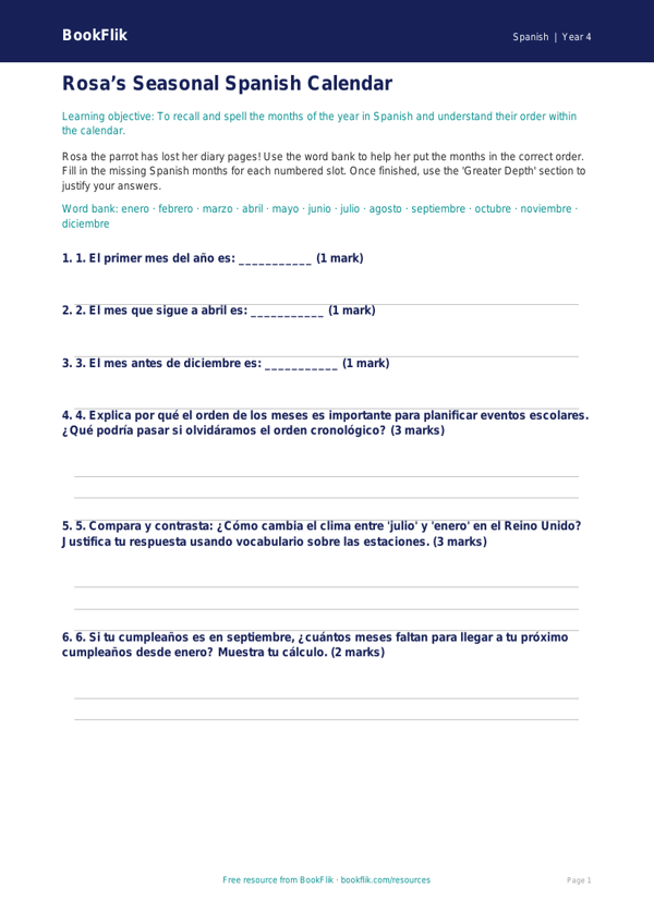 Free Months Of The Year Activity Sheet | Grade 3 | Spanish | BookFlik worksheet preview — Spanish Months Of The Year