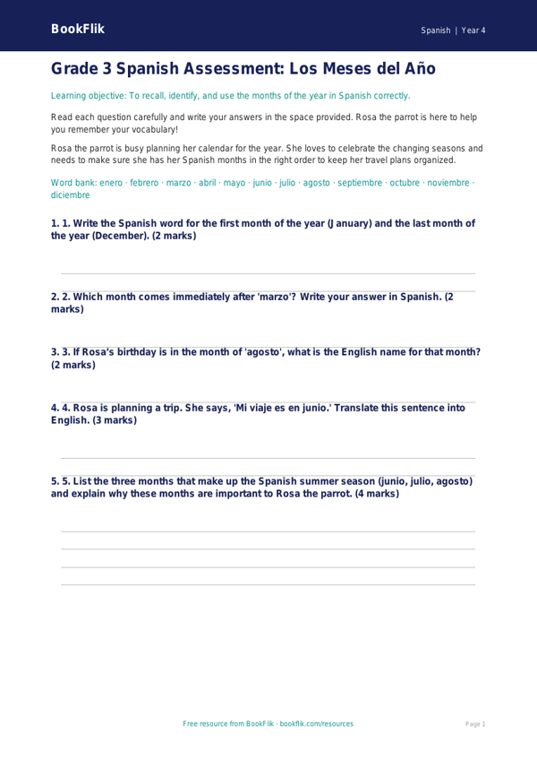 Spanish months of the year assessment grade 3 core worksheet preview — Spanish Months Of The Year