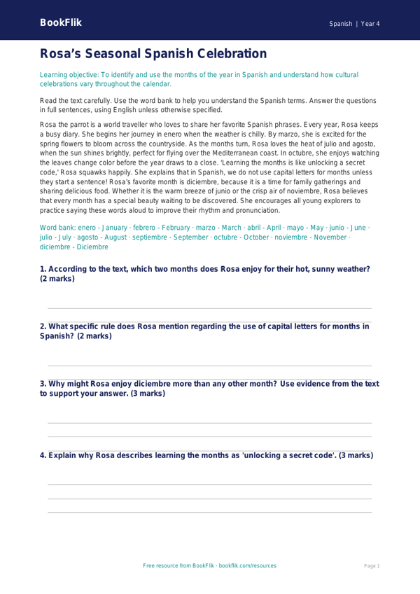 Free Months Of The Year Comprehension | Grade 3 | Spanish | BookFlik worksheet preview — Spanish Months Of The Year