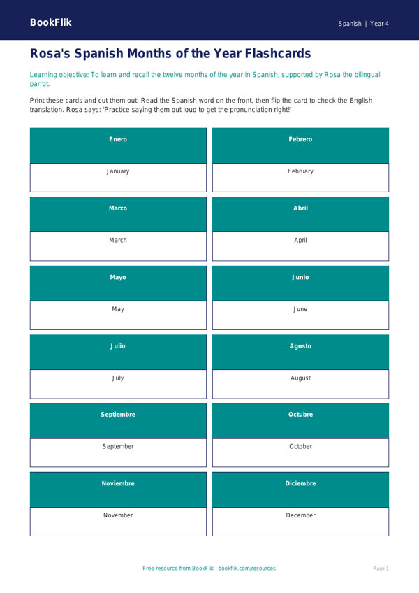 Free Months Of The Year Flashcards | Grade 3 | Spanish | BookFlik worksheet preview — Spanish Months Of The Year