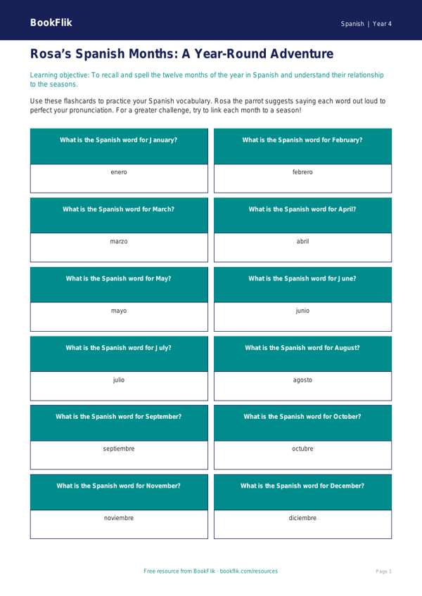 Months of the Year Flashcards in Spanish | Grade 3 | BookFlik worksheet preview — Spanish Months Of The Year