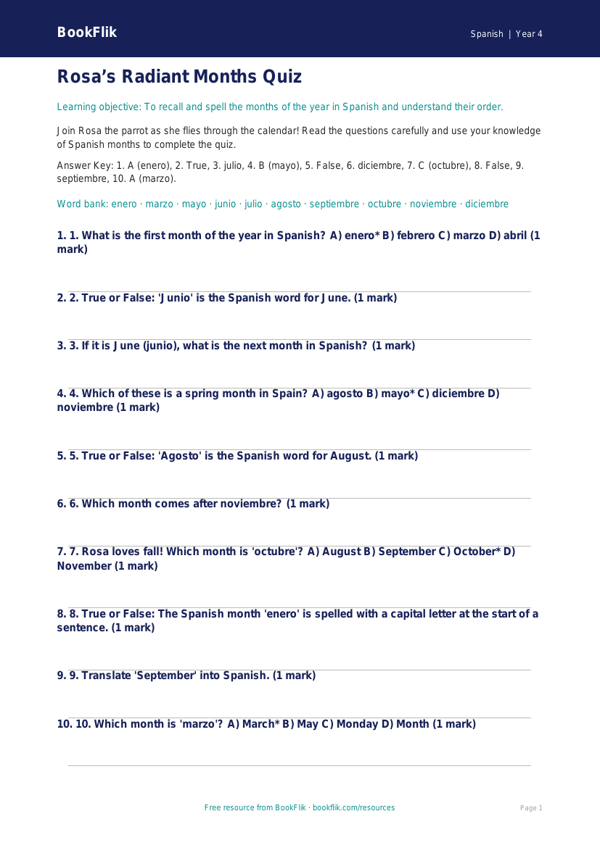 Spanish months of the year quiz grade 3 core worksheet preview — Spanish Months Of The Year