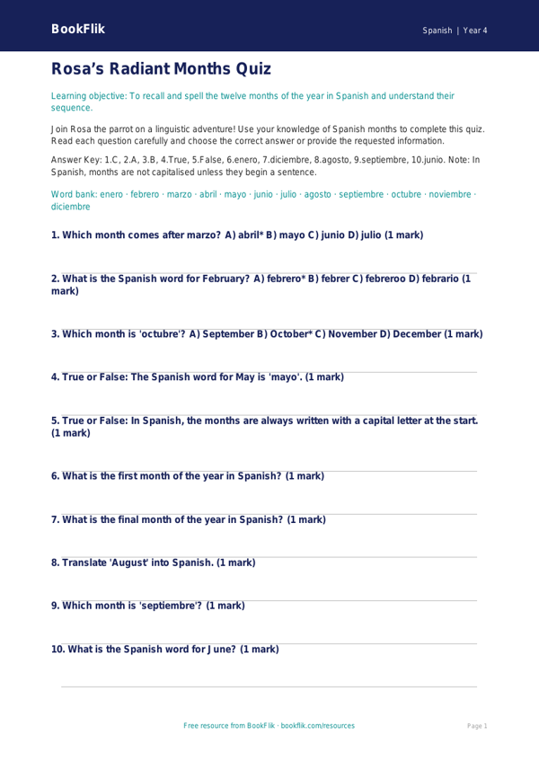 Free Months Of The Year Quiz | Grade 3 | Spanish | BookFlik worksheet preview — Spanish Months Of The Year