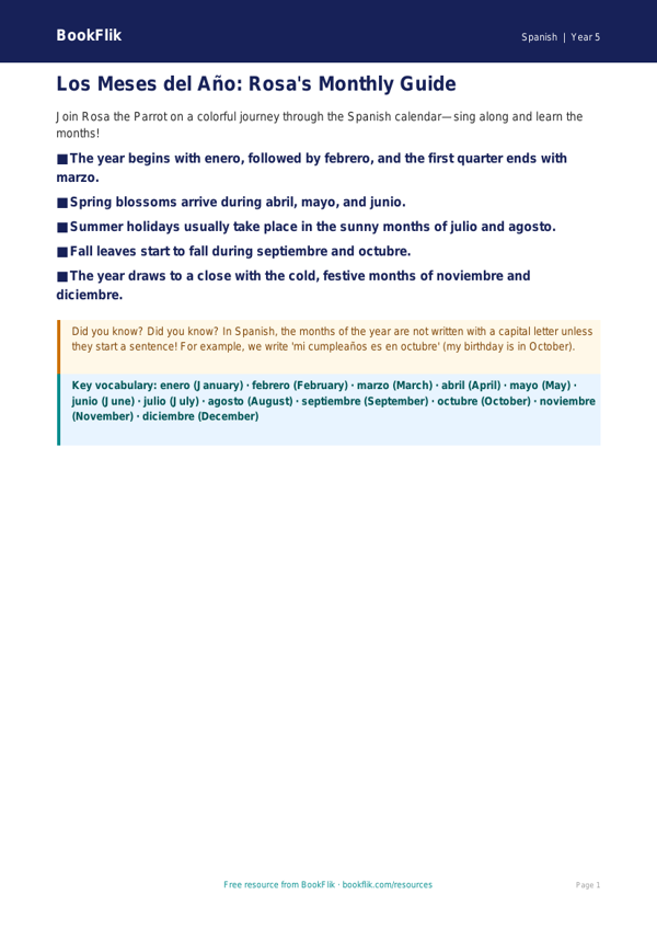 Free Months Of The Year Poster | Grade 4 | Spanish | BookFlik worksheet preview — Spanish Months Of The Year
