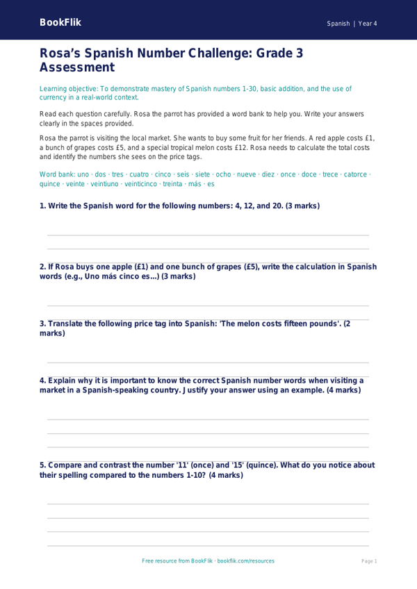 Numbers Assessment Grade 3 Free | Spanish Practice | BookFlik worksheet preview — Spanish Numbers