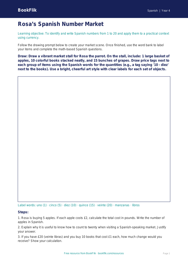 Spanish Numbers Drawing Sheet | Grade 3 Math & Language | BookFlik worksheet preview — Spanish Numbers