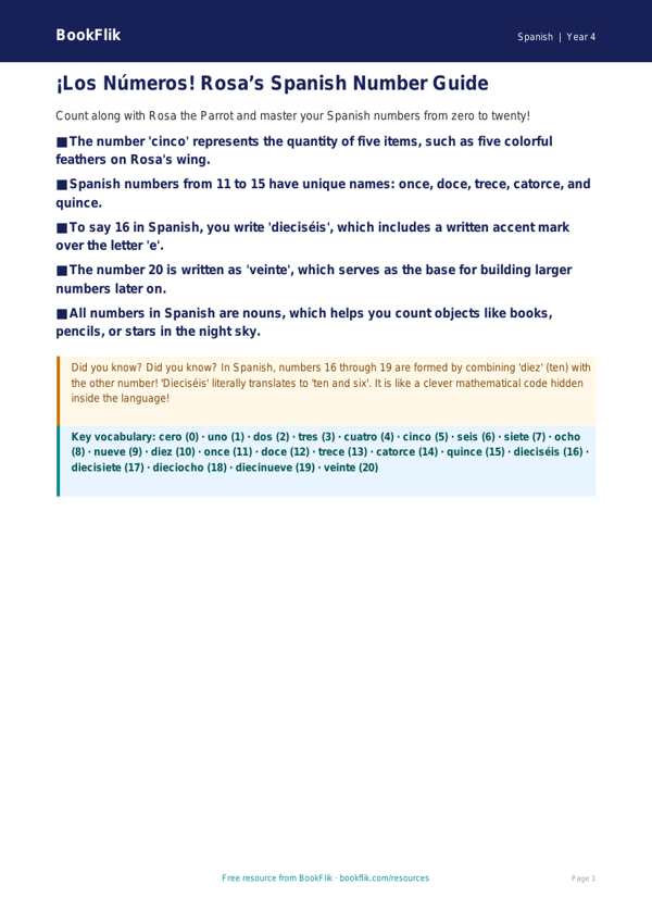Spanish Numbers Poster for Grade 3 | Free Printable | BookFlik worksheet preview — Spanish Numbers