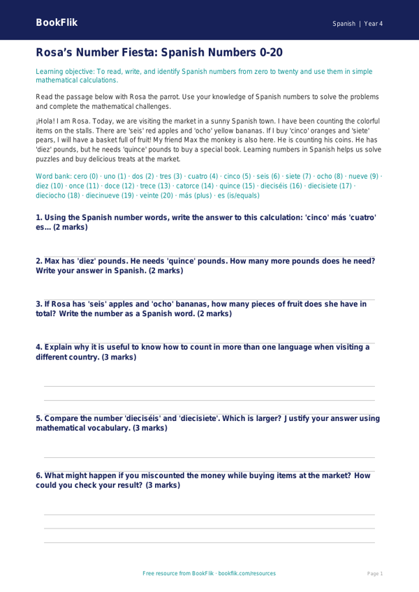 Spanish Numbers Track Sheet | Grade 3 Math & Language | BookFlik worksheet preview — Spanish Numbers