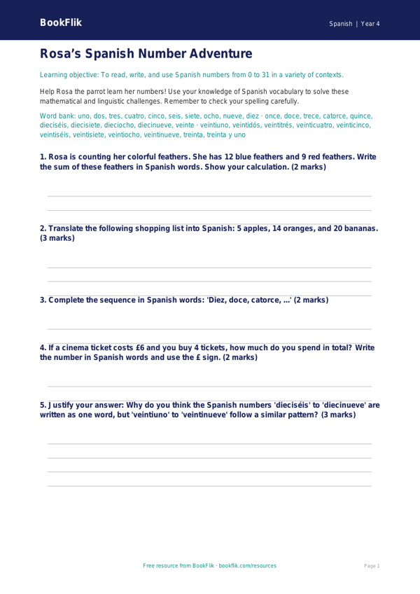 Spanish Numbers Worksheet | Grade 3 Math & Language | BookFlik worksheet preview — Spanish Numbers