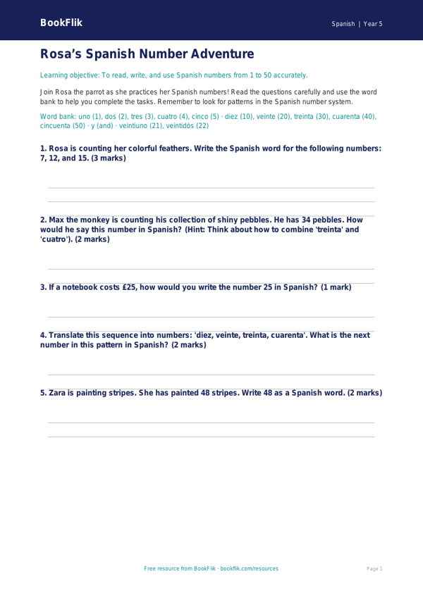Free Spanish Numbers Worksheet | Grade 4 Math & Language | BookFlik worksheet preview — Spanish Numbers