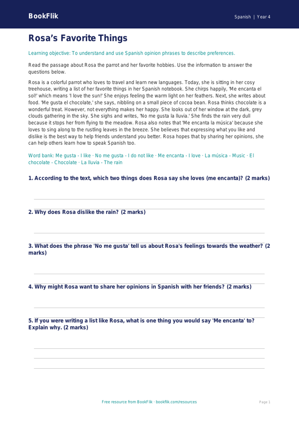 Free Opinion Phrases Comprehension | Grade 3 | Spanish | BookFlik worksheet preview — Spanish Opinion Phrases