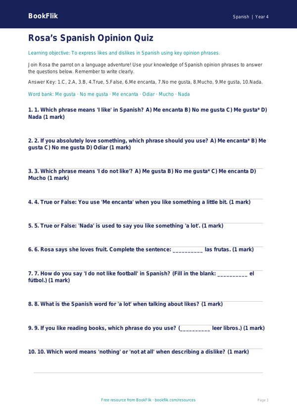 Spanish opinion phrases quiz grade 3 core worksheet preview — Spanish Opinion Phrases
