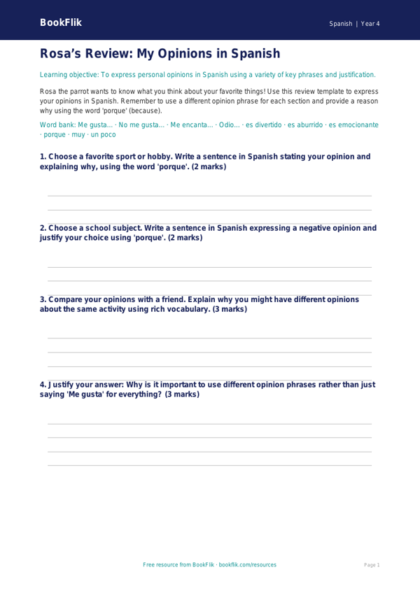 Free Opinion Phrases Template | Grade 3 | Spanish | BookFlik worksheet preview — Spanish Opinion Phrases