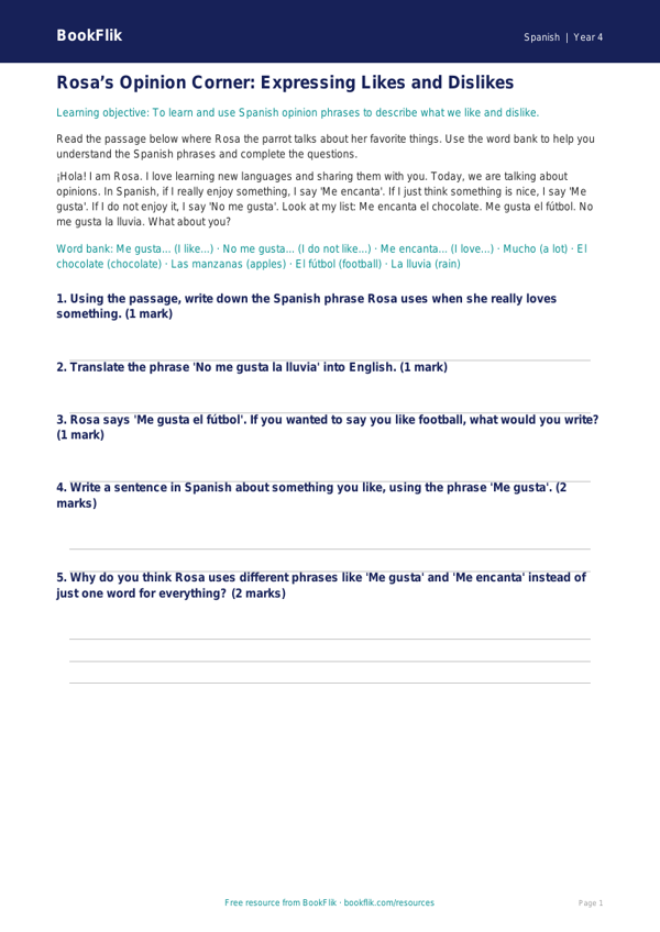 Spanish opinion phrases track sheet grade 3 core worksheet preview — Spanish Opinion Phrases