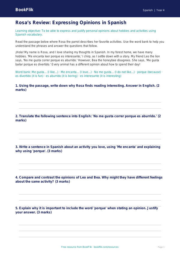 Free Opinion Phrases Track Sheet | Grade 3 | Spanish | BookFlik worksheet preview — Spanish Opinion Phrases