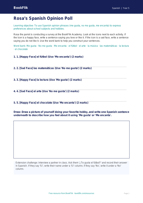 Free Opinion Phrases Activity Sheet | Grade 4 | Spanish | BookFlik worksheet preview — Spanish Opinion Phrases