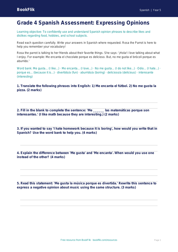 Opinion Phrases in Spanish Assessment | Grade 4 | BookFlik worksheet preview — Spanish Opinion Phrases