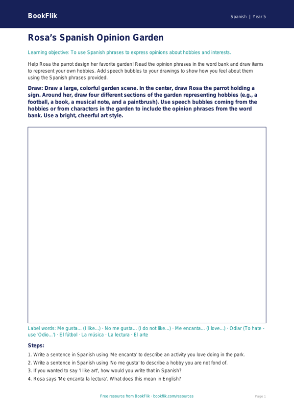 Free Opinion Phrases Drawing Sheet | Grade 4 | Spanish | BookFlik worksheet preview — Spanish Opinion Phrases