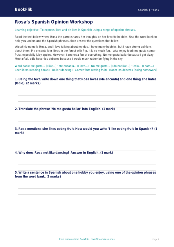 Free Opinion Phrases Track Sheet | Grade 4 | Spanish | BookFlik worksheet preview — Spanish Opinion Phrases