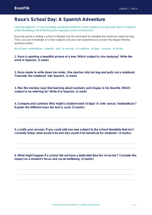 Free School Activity Sheet | Grade 3 | Spanish | BookFlik worksheet preview — Spanish School