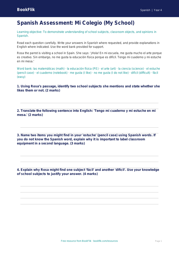 Free School Assessment | Grade 3 | Spanish | BookFlik worksheet preview — Spanish School