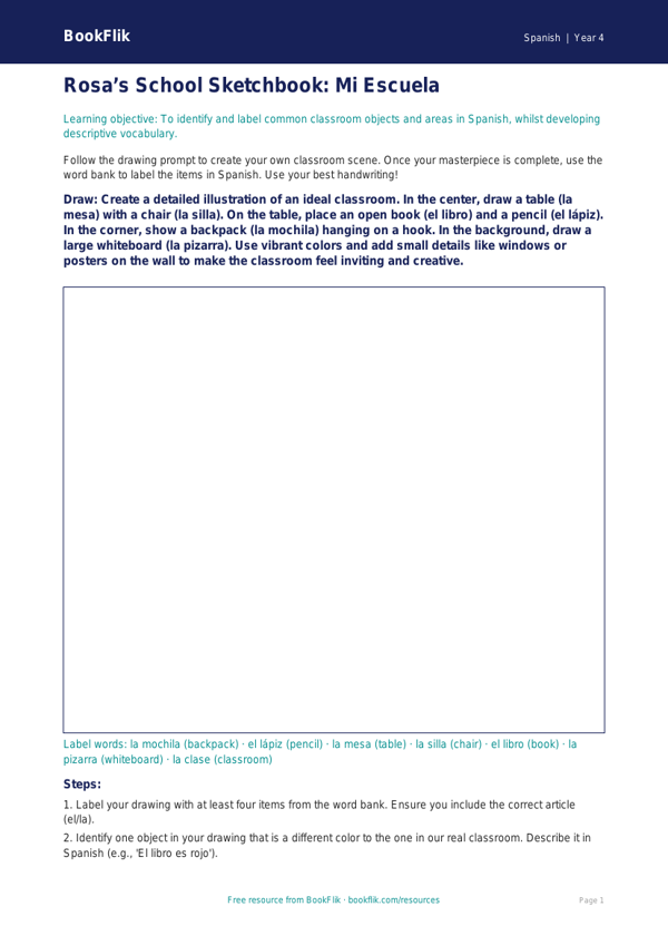 Free School Drawing Sheet | Grade 3 | Spanish | BookFlik worksheet preview — Spanish School