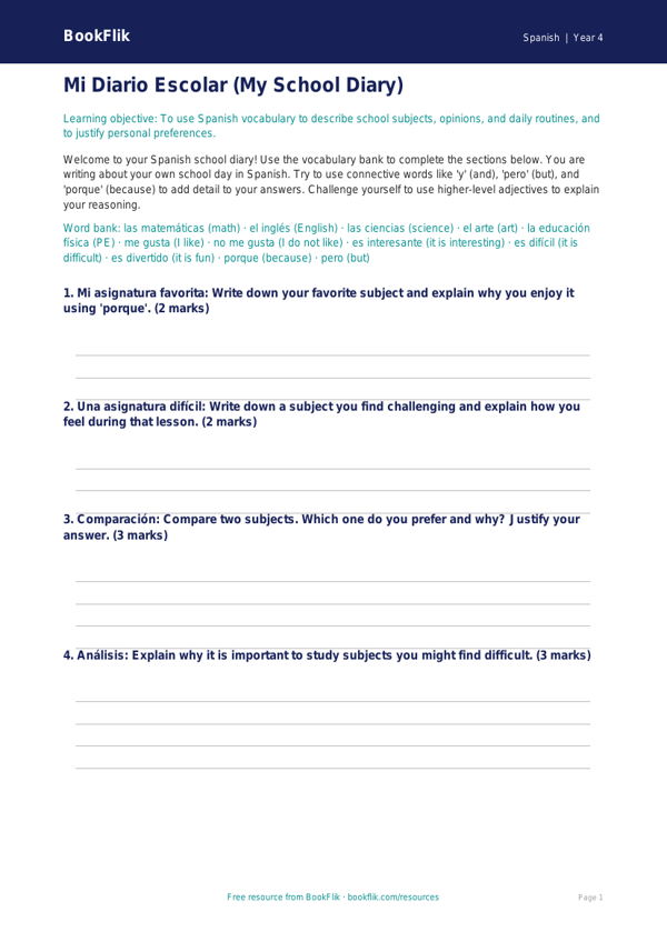 Free School Template | Grade 3 | Spanish | BookFlik worksheet preview — Spanish School