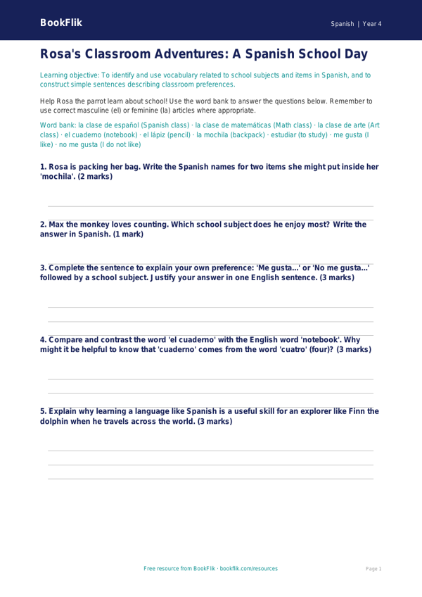 Free School Worksheet | Grade 3 | Spanish | BookFlik worksheet preview — Spanish School