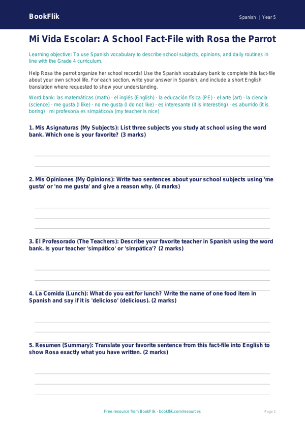 Free School Template | Grade 4 | Spanish | BookFlik worksheet preview — Spanish School