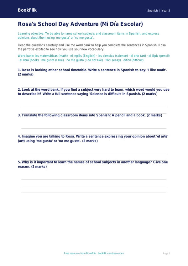 Free School Worksheet | Grade 4 | Spanish | BookFlik worksheet preview — Spanish School