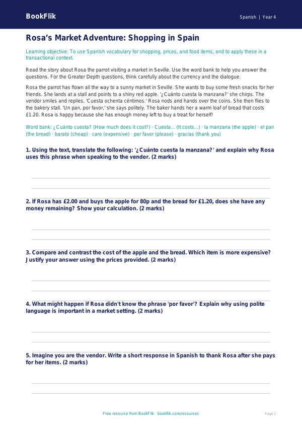 Free Shopping Track Sheet | Grade 3 | Spanish | BookFlik worksheet preview — Spanish Shopping