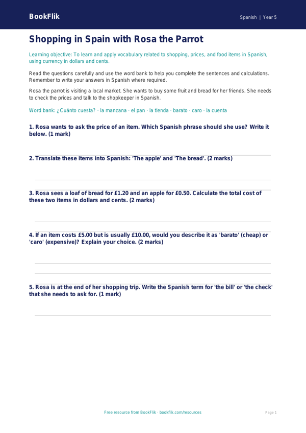 Free Shopping Worksheet | Grade 4 | Spanish | BookFlik worksheet preview — Spanish Shopping