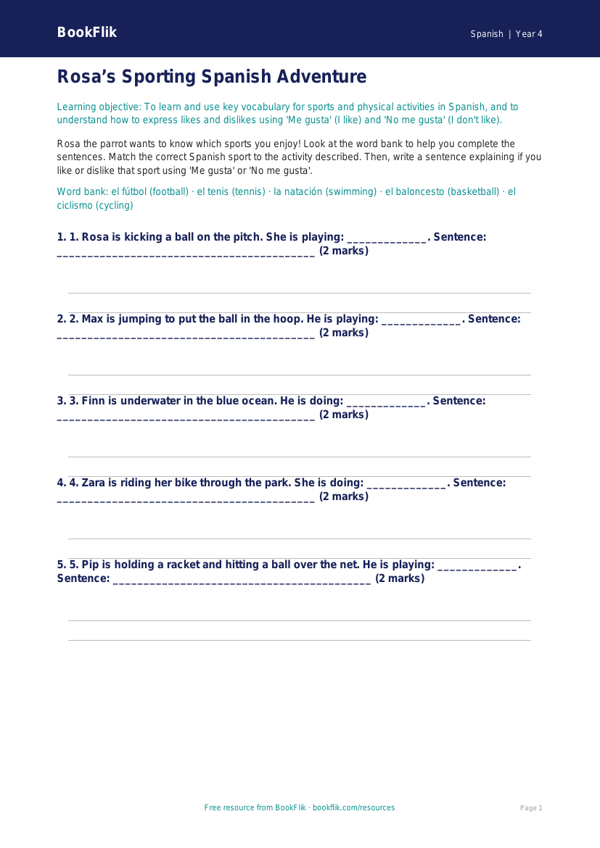Free Sports Activity Sheet | Grade 3 | Spanish | BookFlik worksheet preview — Spanish Sports