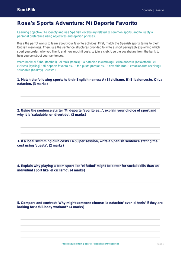 Free Sports Activity Sheet | Grade 3 | Spanish | BookFlik worksheet preview — Spanish Sports